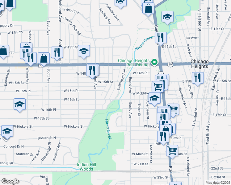 map of restaurants, bars, coffee shops, grocery stores, and more near 1521 Schilling Avenue in Chicago Heights