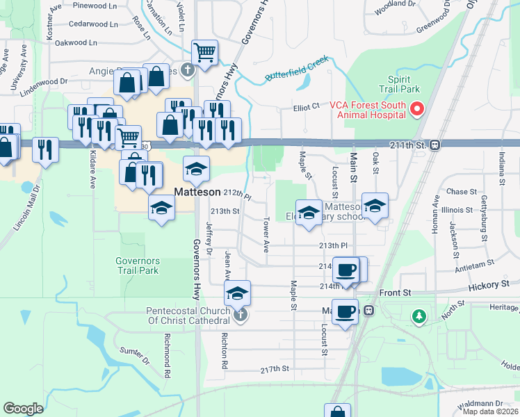 map of restaurants, bars, coffee shops, grocery stores, and more near 3815 212th Place in Matteson