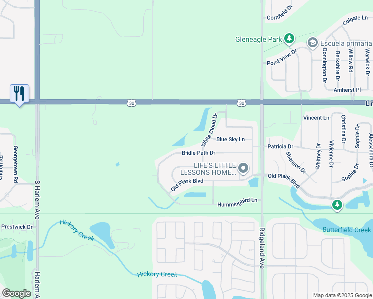 map of restaurants, bars, coffee shops, grocery stores, and more near 6620 Bridle Path Drive in Matteson