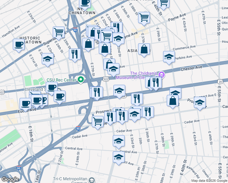 map of restaurants, bars, coffee shops, grocery stores, and more near 3101 Euclid Avenue in Cleveland
