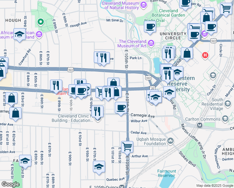 map of restaurants, bars, coffee shops, grocery stores, and more near 10340 Euclid Avenue in Cleveland