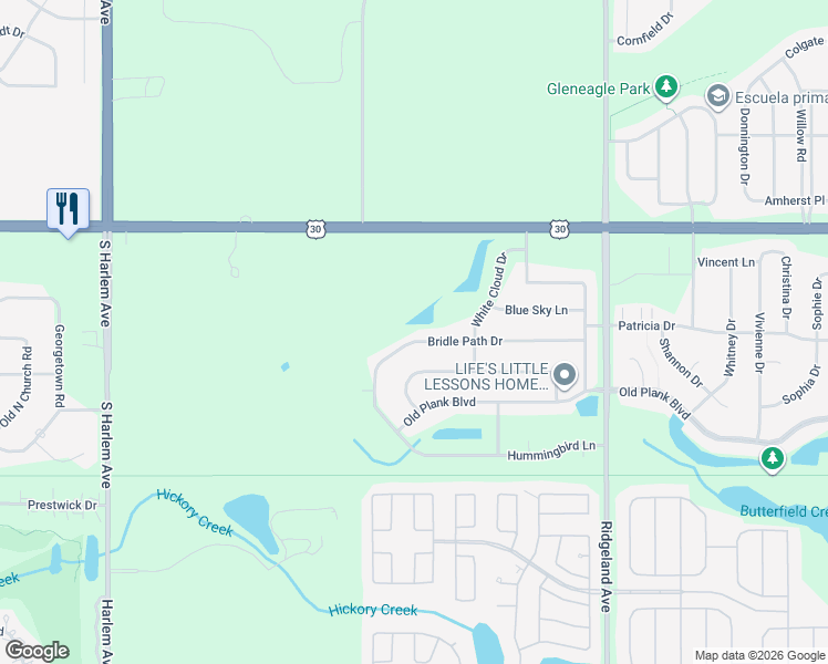 map of restaurants, bars, coffee shops, grocery stores, and more near 6704 Bridle Path Drive in Matteson