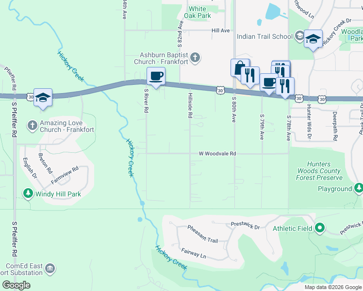 map of restaurants, bars, coffee shops, grocery stores, and more near 8206 West Woodvale Road in Frankfort