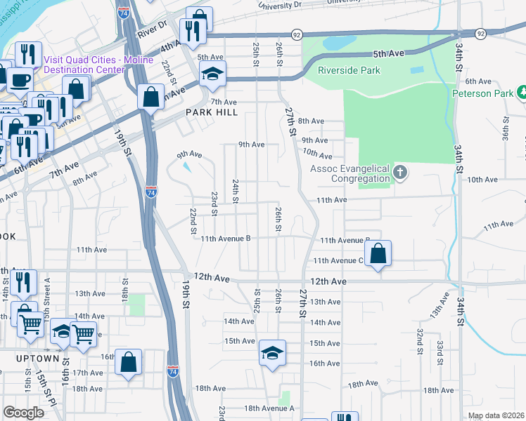 map of restaurants, bars, coffee shops, grocery stores, and more near 2530 11th Avenue in Moline
