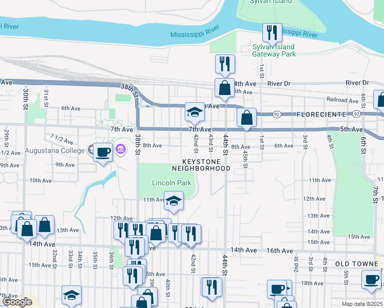 map of restaurants, bars, coffee shops, grocery stores, and more near 816 42nd Street in Rock Island