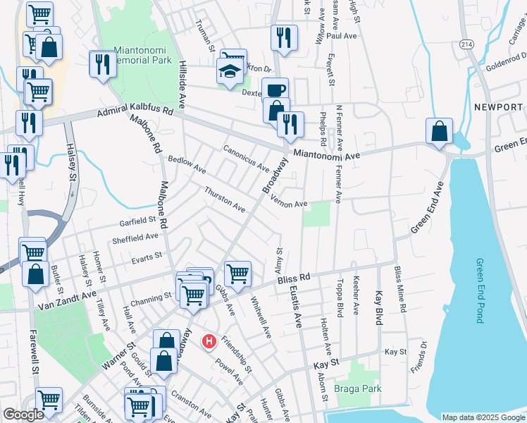map of restaurants, bars, coffee shops, grocery stores, and more near 4 Elliot Place in Newport