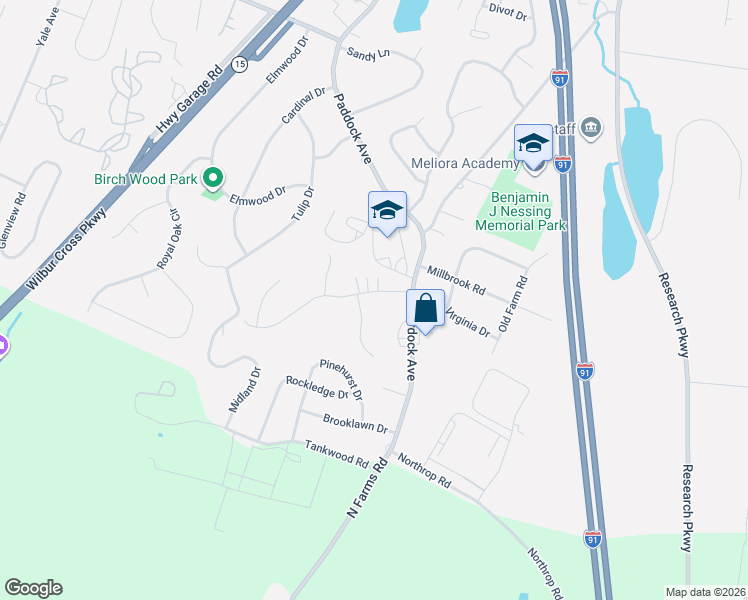 map of restaurants, bars, coffee shops, grocery stores, and more near 242 Carriage Drive East in Meriden
