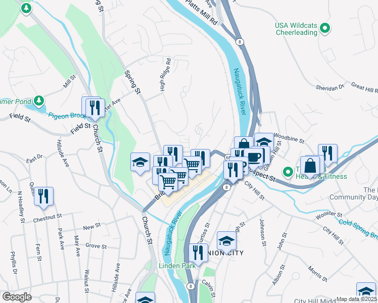 map of restaurants, bars, coffee shops, grocery stores, and more near 14 Washington Street in Naugatuck
