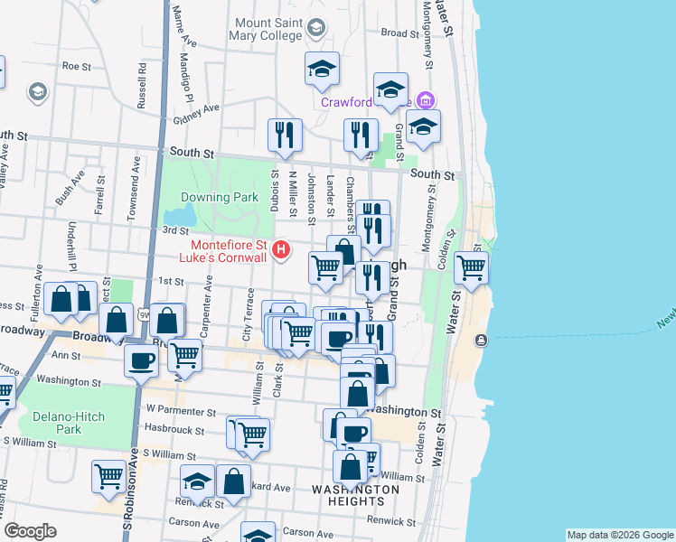 map of restaurants, bars, coffee shops, grocery stores, and more near 86 Chambers Street in Newburgh