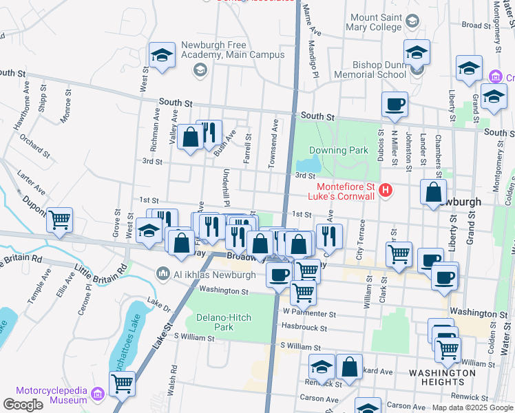 map of restaurants, bars, coffee shops, grocery stores, and more near 73 Prospect Street in Newburgh