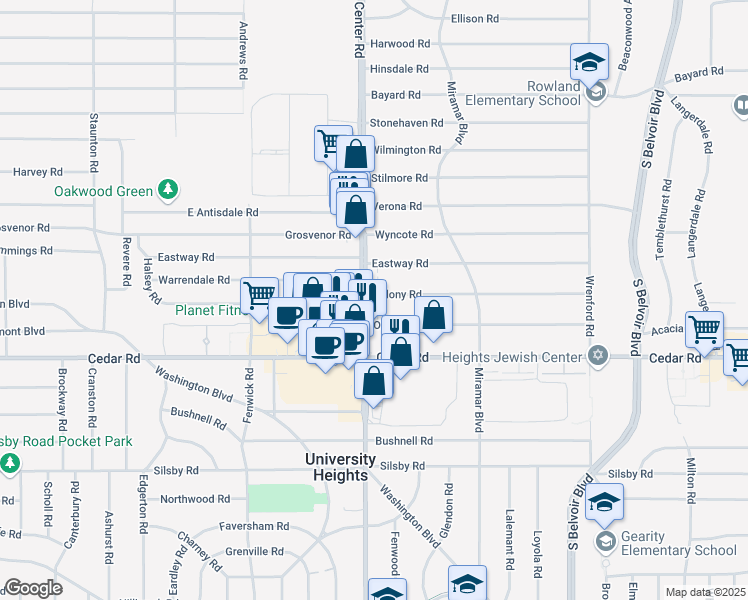 map of restaurants, bars, coffee shops, grocery stores, and more near 4015 Colony Road in South Euclid