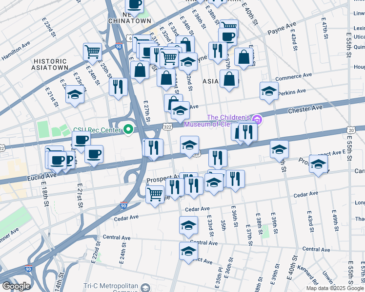 map of restaurants, bars, coffee shops, grocery stores, and more near 3131 Euclid Avenue in Cleveland
