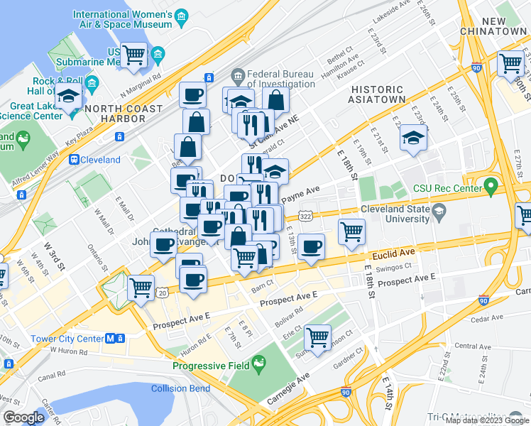 map of restaurants, bars, coffee shops, grocery stores, and more near 1701 East 12th Street in Cleveland