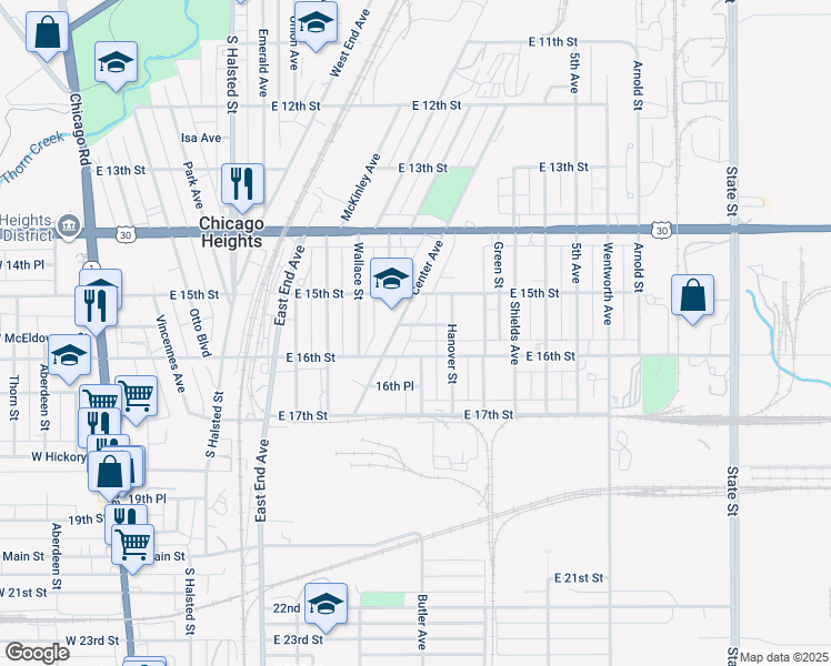 map of restaurants, bars, coffee shops, grocery stores, and more near 1519 Center Avenue in Chicago Heights