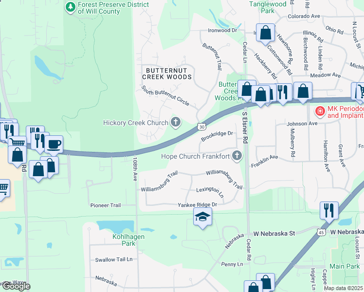map of restaurants, bars, coffee shops, grocery stores, and more near 10498 Brookridge Creek Drive in Frankfort