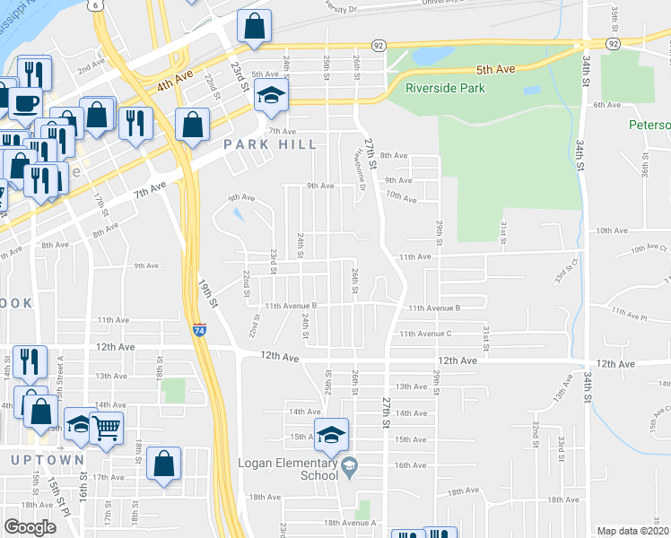 map of restaurants, bars, coffee shops, grocery stores, and more near 2530 11th Avenue in Moline