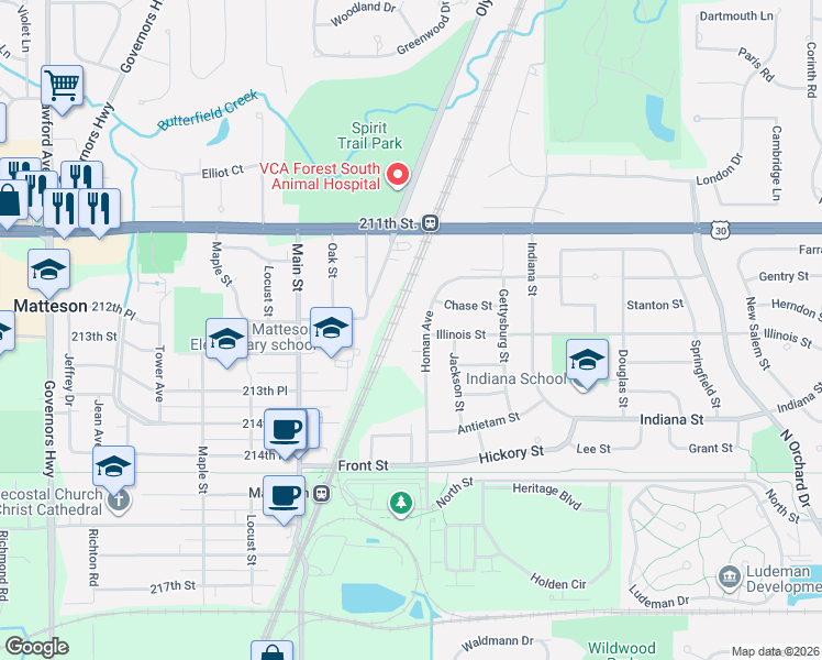 map of restaurants, bars, coffee shops, grocery stores, and more near 540 Homan Avenue in Park Forest