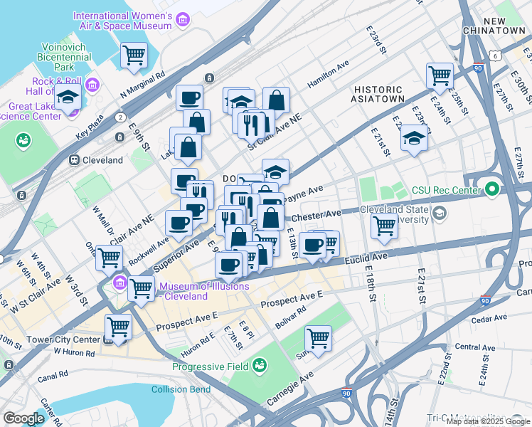 map of restaurants, bars, coffee shops, grocery stores, and more near 1701 East 12th Street in Cleveland