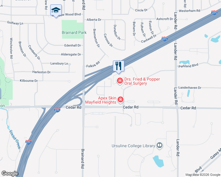 map of restaurants, bars, coffee shops, grocery stores, and more near 5840 Spotswood Drive in Lyndhurst