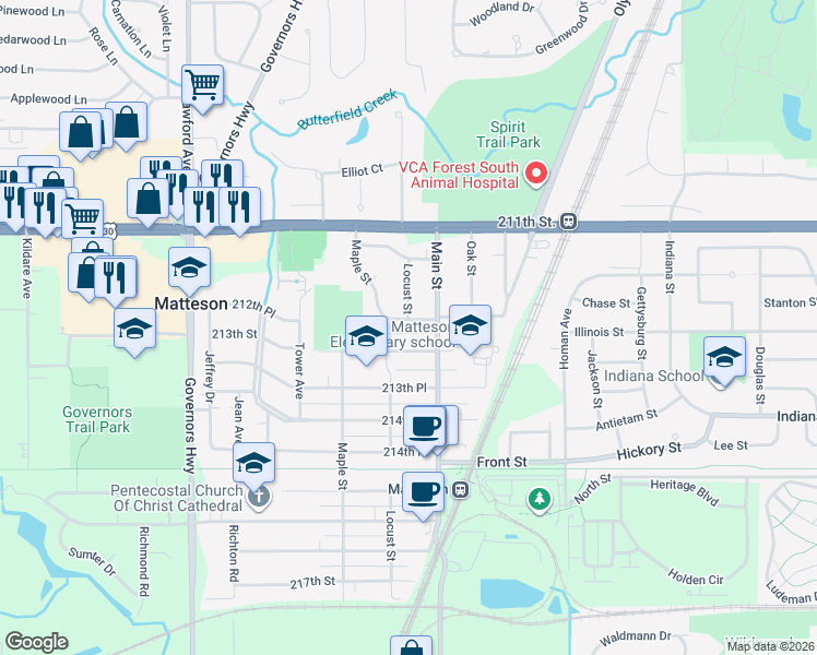 map of restaurants, bars, coffee shops, grocery stores, and more near 3632 212th Place in Matteson
