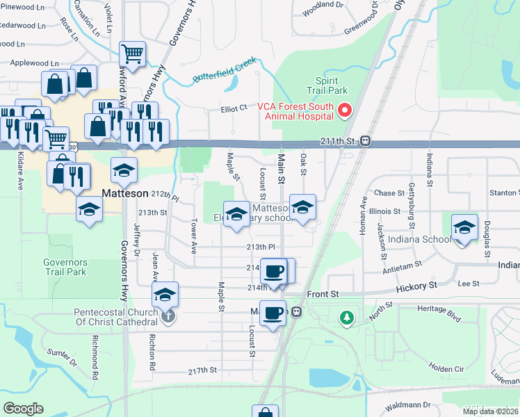 map of restaurants, bars, coffee shops, grocery stores, and more near 3632 212th Place in Matteson