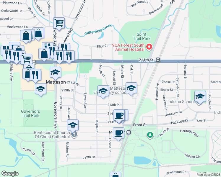 map of restaurants, bars, coffee shops, grocery stores, and more near 3632 212th Place in Matteson