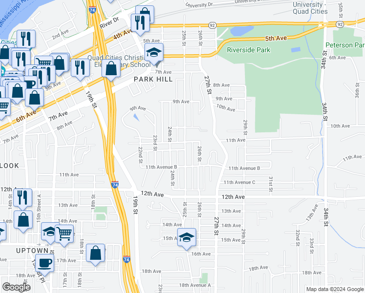 map of restaurants, bars, coffee shops, grocery stores, and more near 1031 25th Street in Moline