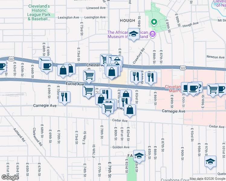 map of restaurants, bars, coffee shops, grocery stores, and more near in Cleveland