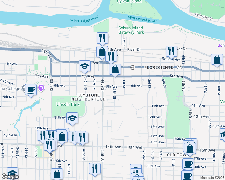 map of restaurants, bars, coffee shops, grocery stores, and more near 812 45th Street in Rock Island