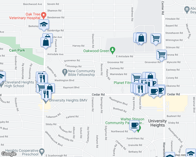 map of restaurants, bars, coffee shops, grocery stores, and more near 2058 Staunton Road in Cleveland Heights