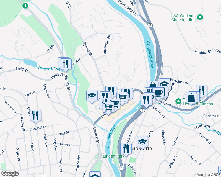 map of restaurants, bars, coffee shops, grocery stores, and more near 24 Anderson Street in Naugatuck