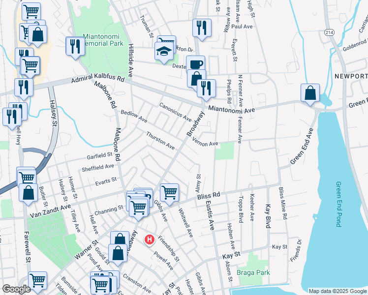 map of restaurants, bars, coffee shops, grocery stores, and more near 4 Elliot Place in Newport