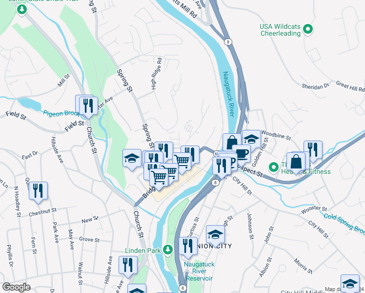 map of restaurants, bars, coffee shops, grocery stores, and more near 14 Washington Street in Naugatuck
