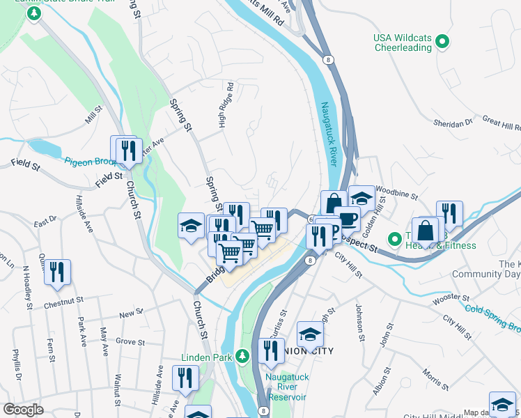 map of restaurants, bars, coffee shops, grocery stores, and more near 14 Washington Street in Naugatuck