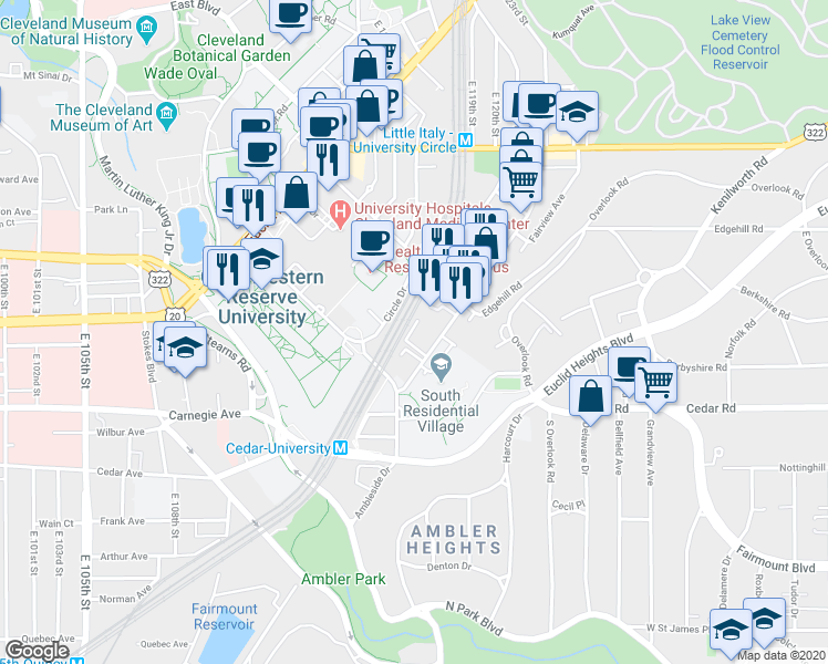map of restaurants, bars, coffee shops, grocery stores, and more near 2189 Arey Road in Cleveland