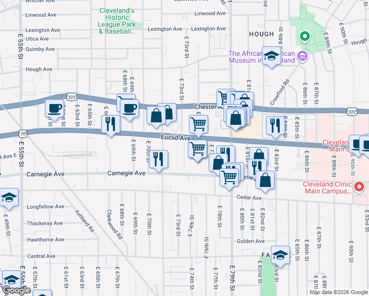 map of restaurants, bars, coffee shops, grocery stores, and more near 7338 Euclid Avenue in Cleveland