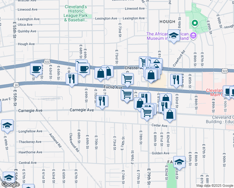 map of restaurants, bars, coffee shops, grocery stores, and more near 7338 Euclid Avenue in Cleveland