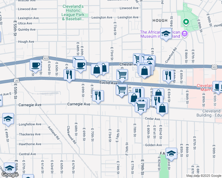 map of restaurants, bars, coffee shops, grocery stores, and more near 7338 Euclid Avenue in Cleveland