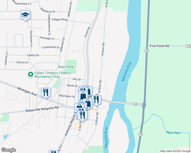 map of restaurants, bars, coffee shops, grocery stores, and more near 221 North 2nd Street in Waterville