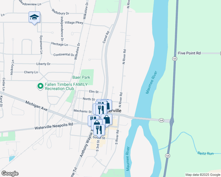 map of restaurants, bars, coffee shops, grocery stores, and more near 221 North 2nd Street in Waterville
