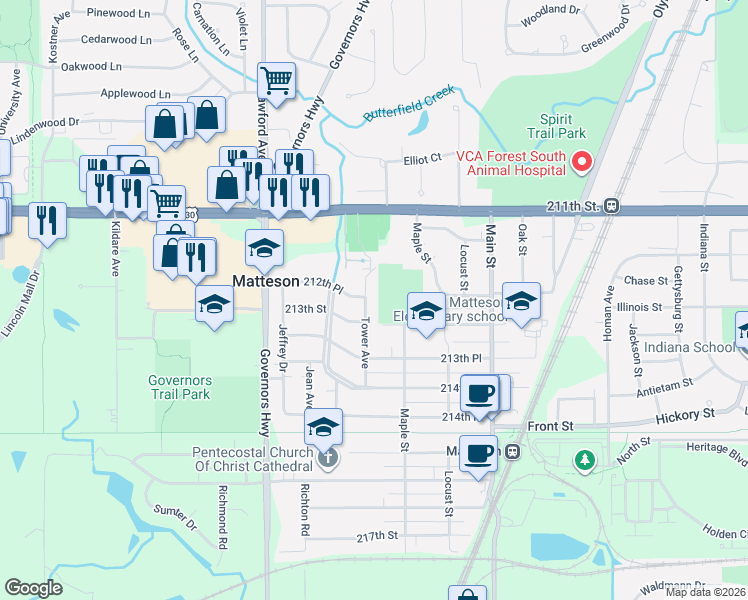 map of restaurants, bars, coffee shops, grocery stores, and more near 21209 Tower Avenue in Matteson