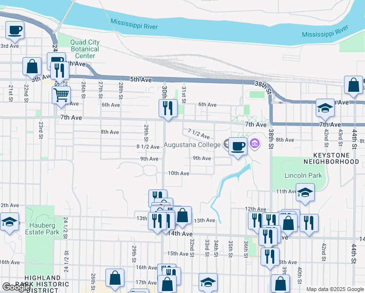 map of restaurants, bars, coffee shops, grocery stores, and more near 830-898 32nd Street in Rock Island