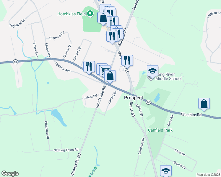 map of restaurants, bars, coffee shops, grocery stores, and more near 15 Union City Road in Prospect