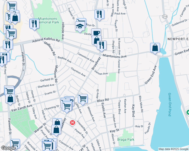 map of restaurants, bars, coffee shops, grocery stores, and more near 4 Elliot Place in Newport
