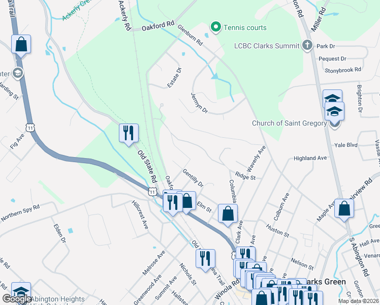 map of restaurants, bars, coffee shops, grocery stores, and more near 106 Sturbridge Road in Clarks Summit