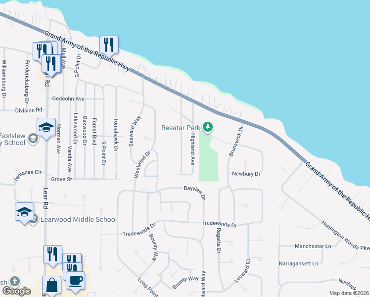 map of restaurants, bars, coffee shops, grocery stores, and more near 153 Cove Avenue in Avon Lake