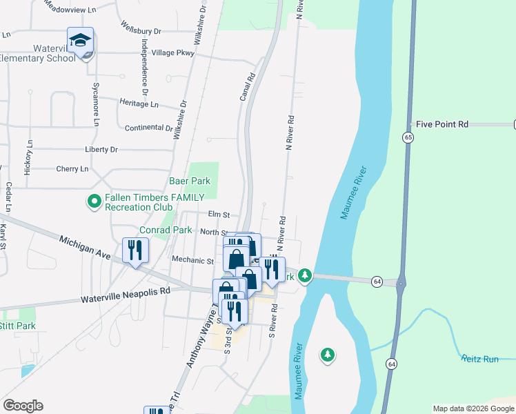 map of restaurants, bars, coffee shops, grocery stores, and more near 221 North 2nd Street in Waterville