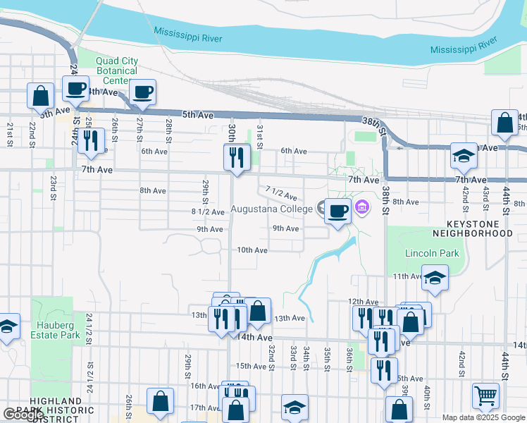map of restaurants, bars, coffee shops, grocery stores, and more near 830 32nd Street in Rock Island