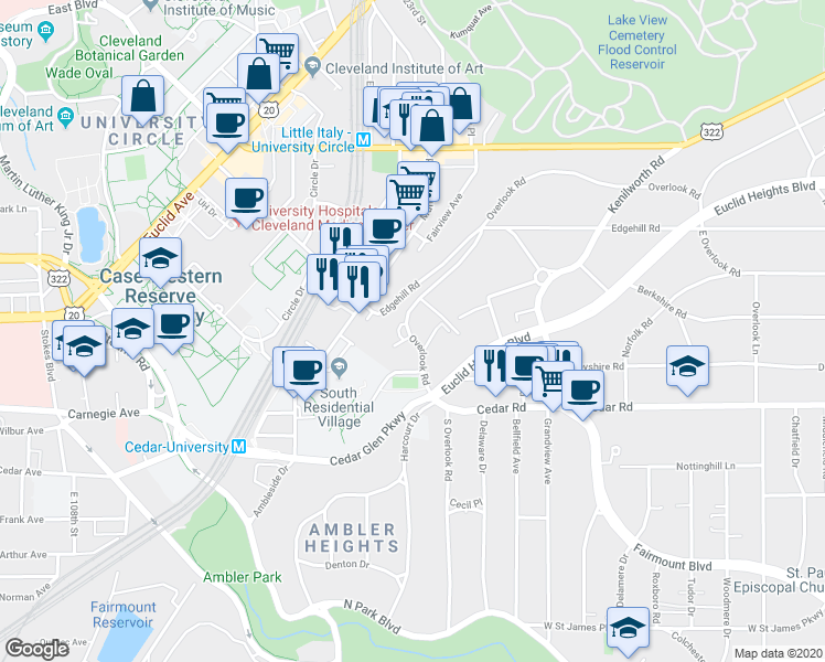 map of restaurants, bars, coffee shops, grocery stores, and more near 2224 Overlook Road in Cleveland