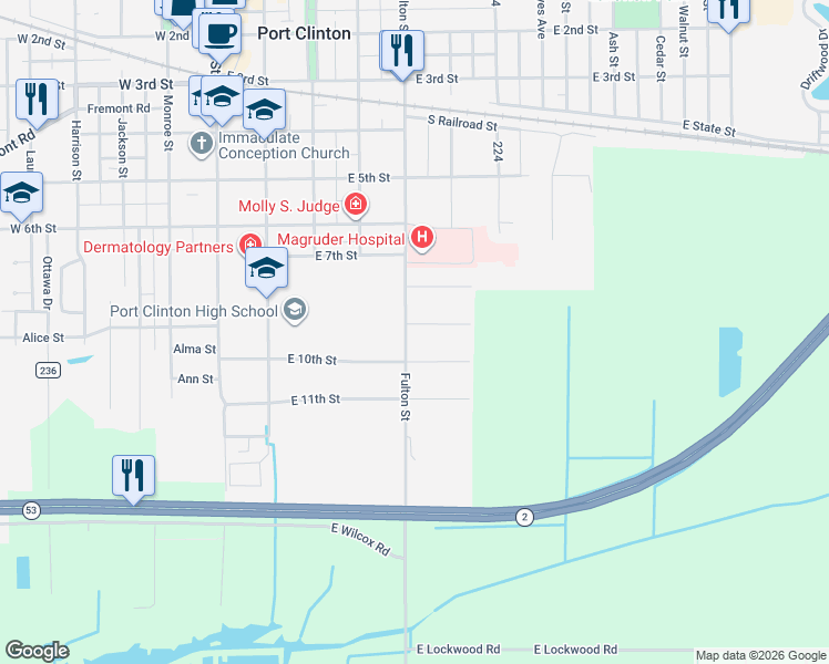 map of restaurants, bars, coffee shops, grocery stores, and more near 903 Fulton Street in Port Clinton